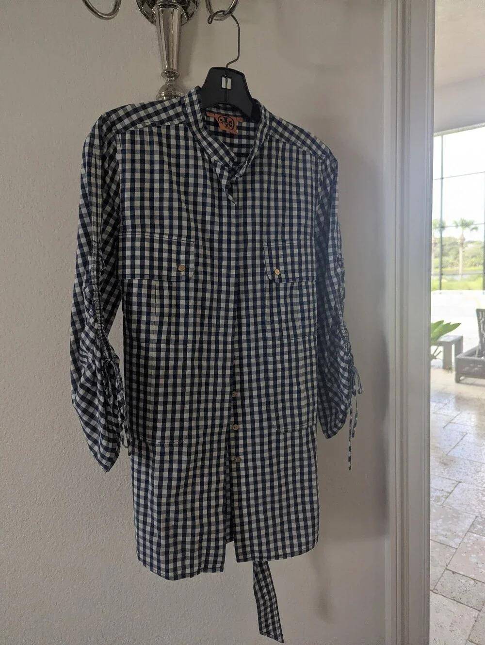Tory Burch Striped Cotton Shirt With Chest Pocket Plaid Gray Size Small